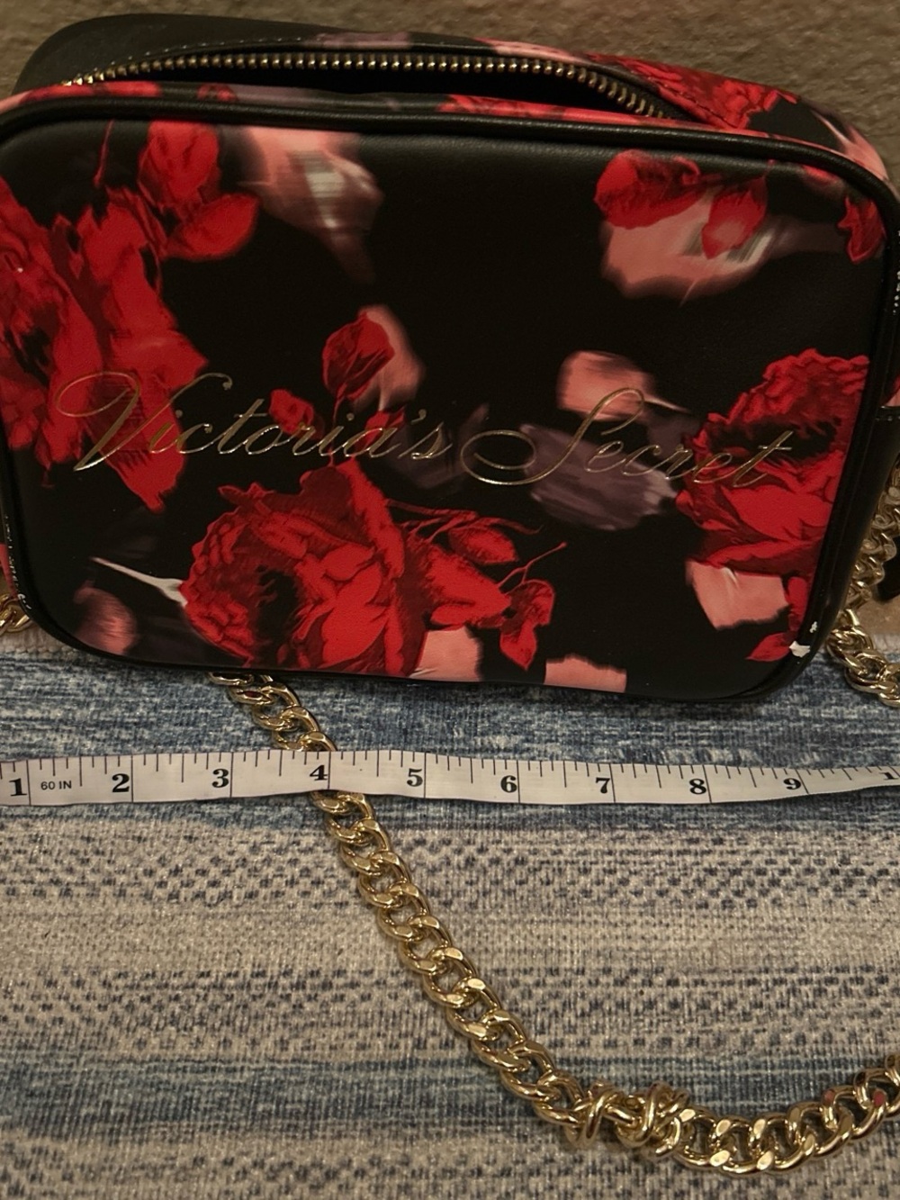 Victoria's Secret Black Crossbody with Red Floral Design and Gold Chain